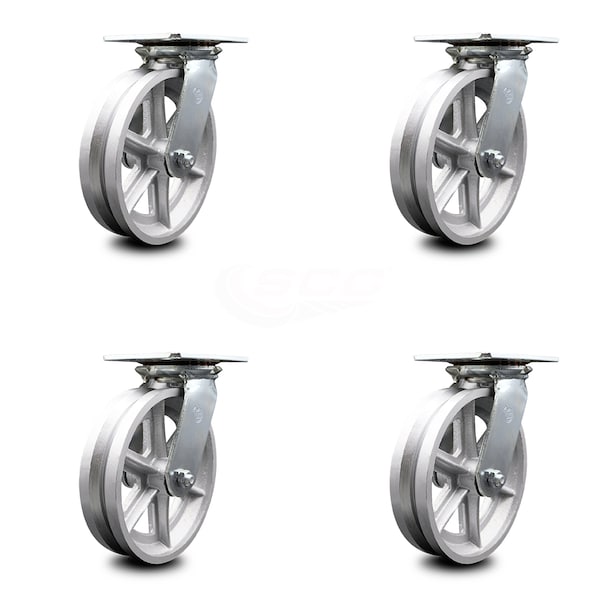 8 Inch Heavy Duty V Groove Semi Steel Caster Set with Ball Bearings SCC, 4PK